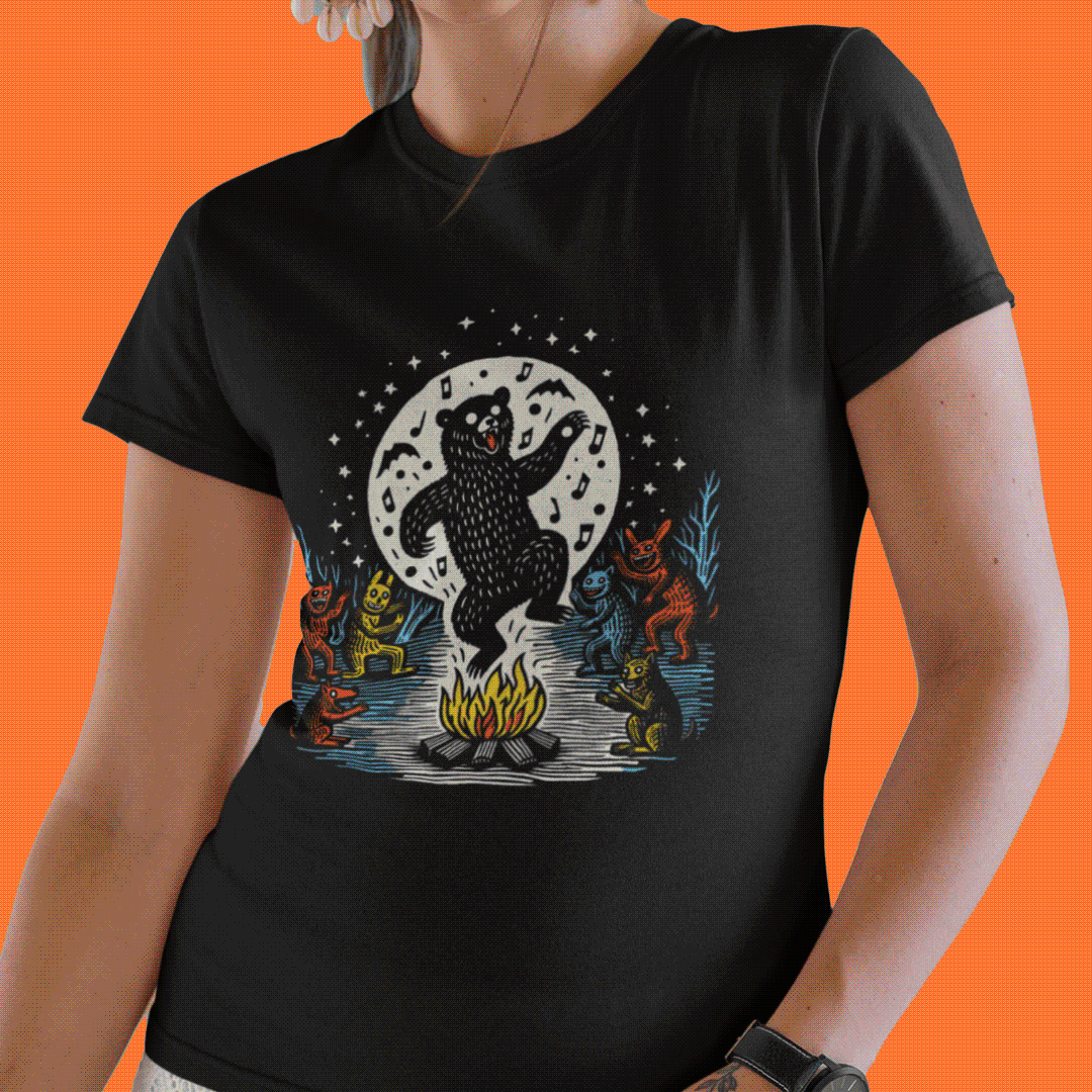 Dancing-Festival-Bear-Tee-Womens-Fit-Vairent-On-Black-Tee-Close-Up-Music-Gifts