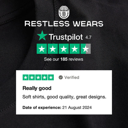 Trust Pilot Review Text with a 5 star rating and the text soft shirts, good quality & great design