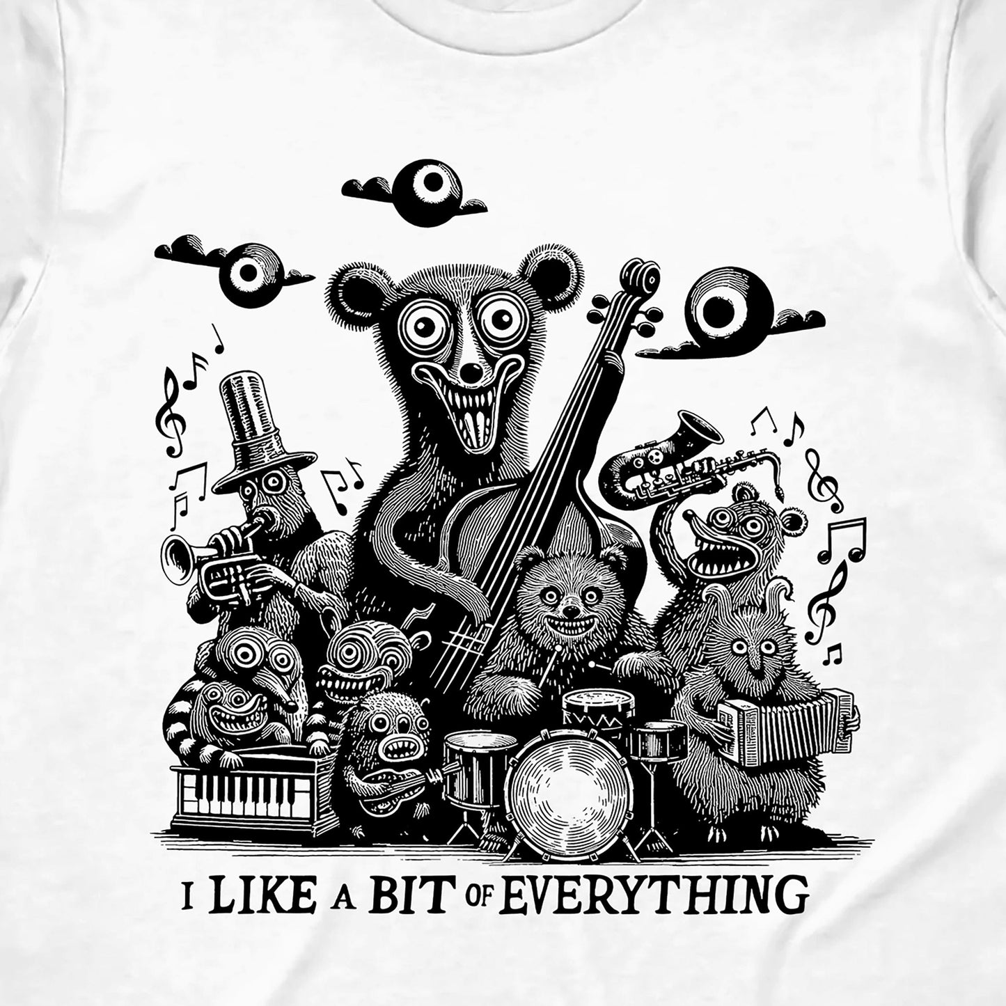 close up view of the print design of bears in a band playing rare musical instruments 