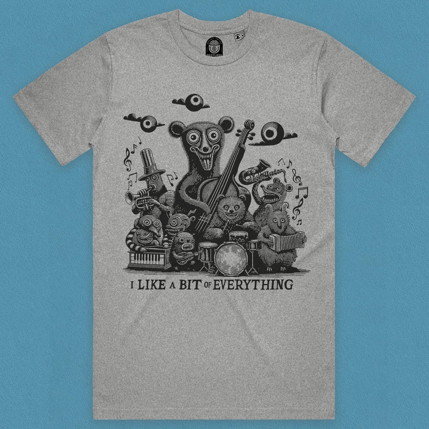 Close up view of a rock t-shirt of bears for fans of unique music genres in grey