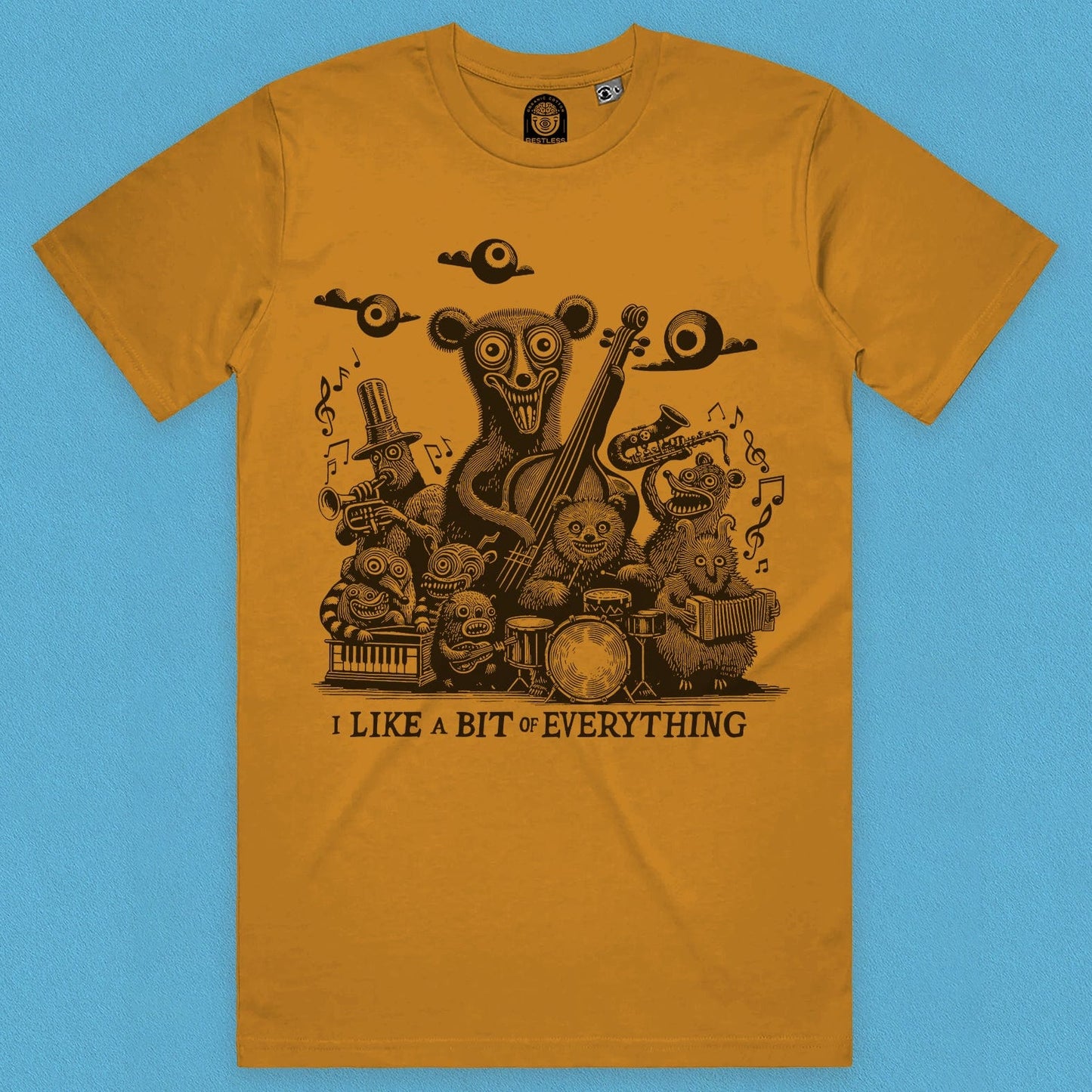 Close up view of a band of bears music T-shirt playing unique music instruments in mustard