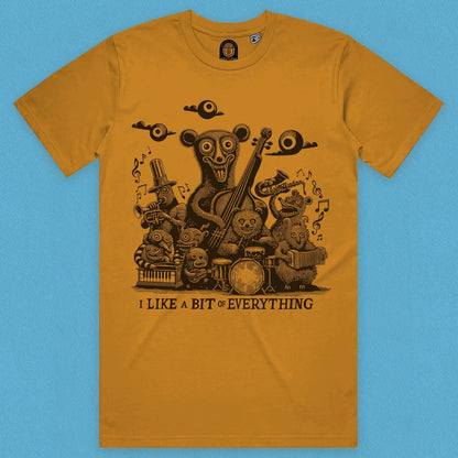 Close up view of a band of bears music T-shirt playing unique music instruments in mustard