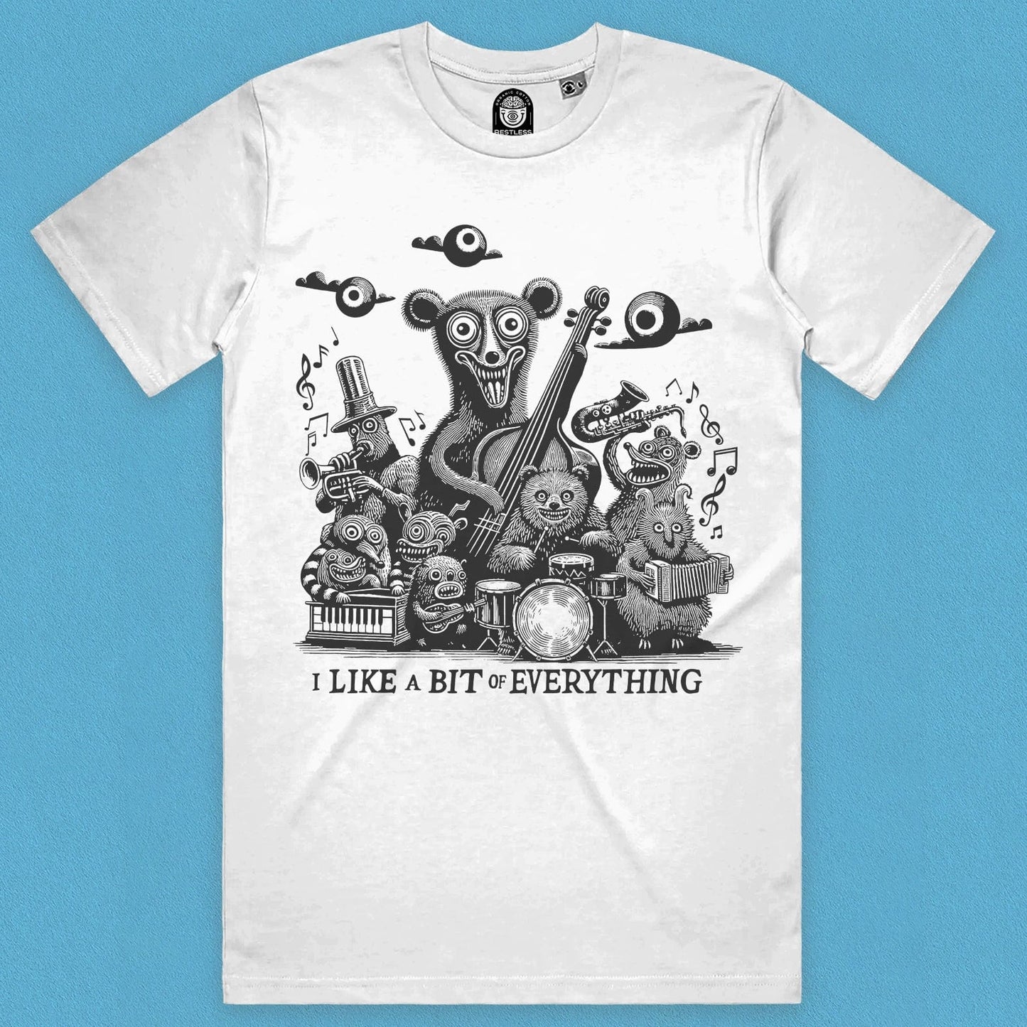 Close up view of a rock band of bears music T-shirt for fans of unique music genres in white
