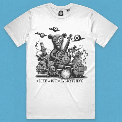 Close up view of a rock band of bears music T-shirt for fans of unique music genres in white