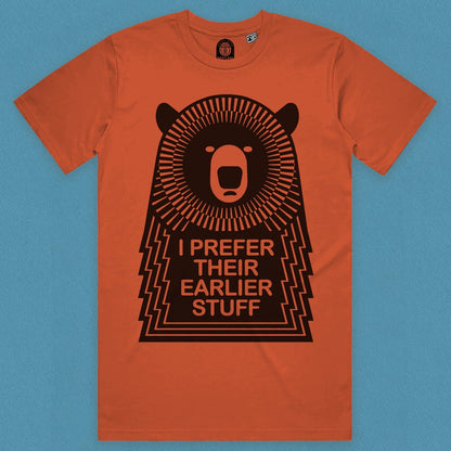 Close up view of the Muso Bear T-Shirt in Paprika with black screen printed design