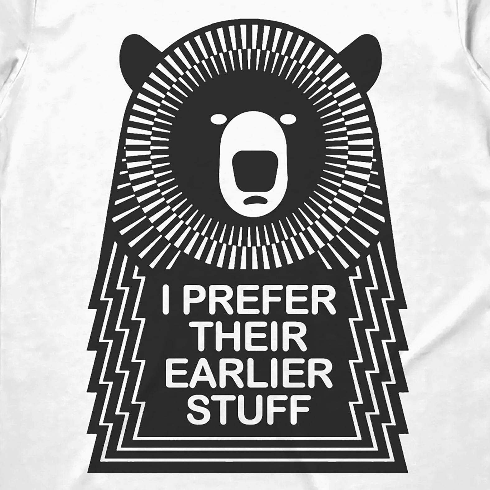 Close up view of the Muso Bear design of screen printed Music T-Shirt UK logo