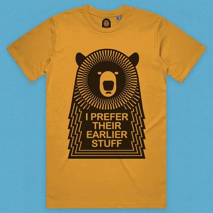 Close up view of the Muso Bear Music T-Shirt UK shirt in Mustard