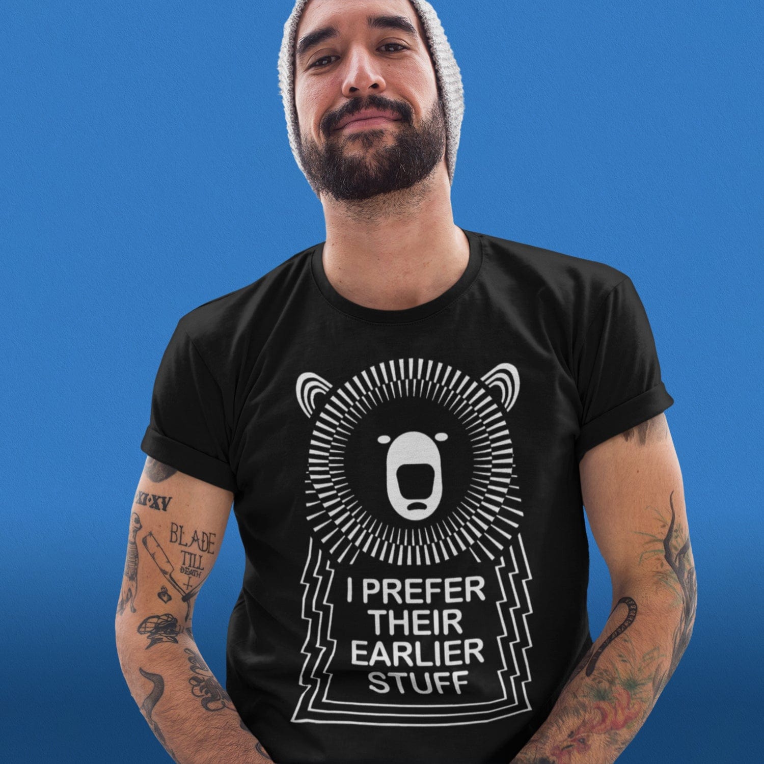 Front view of a male model wearing the  muso bear 80s band T-Shirt in Black