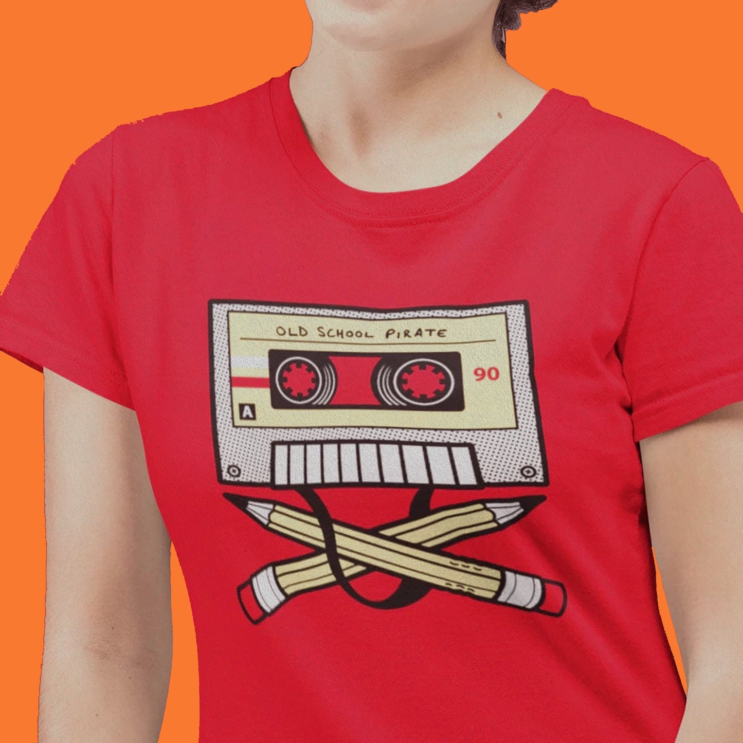 Model-Cassette-Tee-Womens-Fit-On-red-shirt-Close-Up-Cassette-Music-TShirt