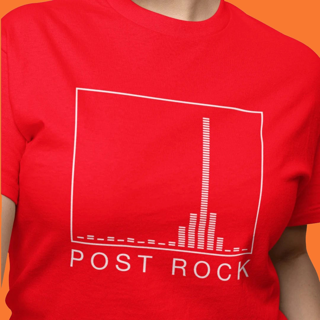 Post-Rock-Frequency-Funny-Artwork-Tee-Womens-Fit-Vairent-On-Red-Tee-Close-Up-Alt-Music-Shirt