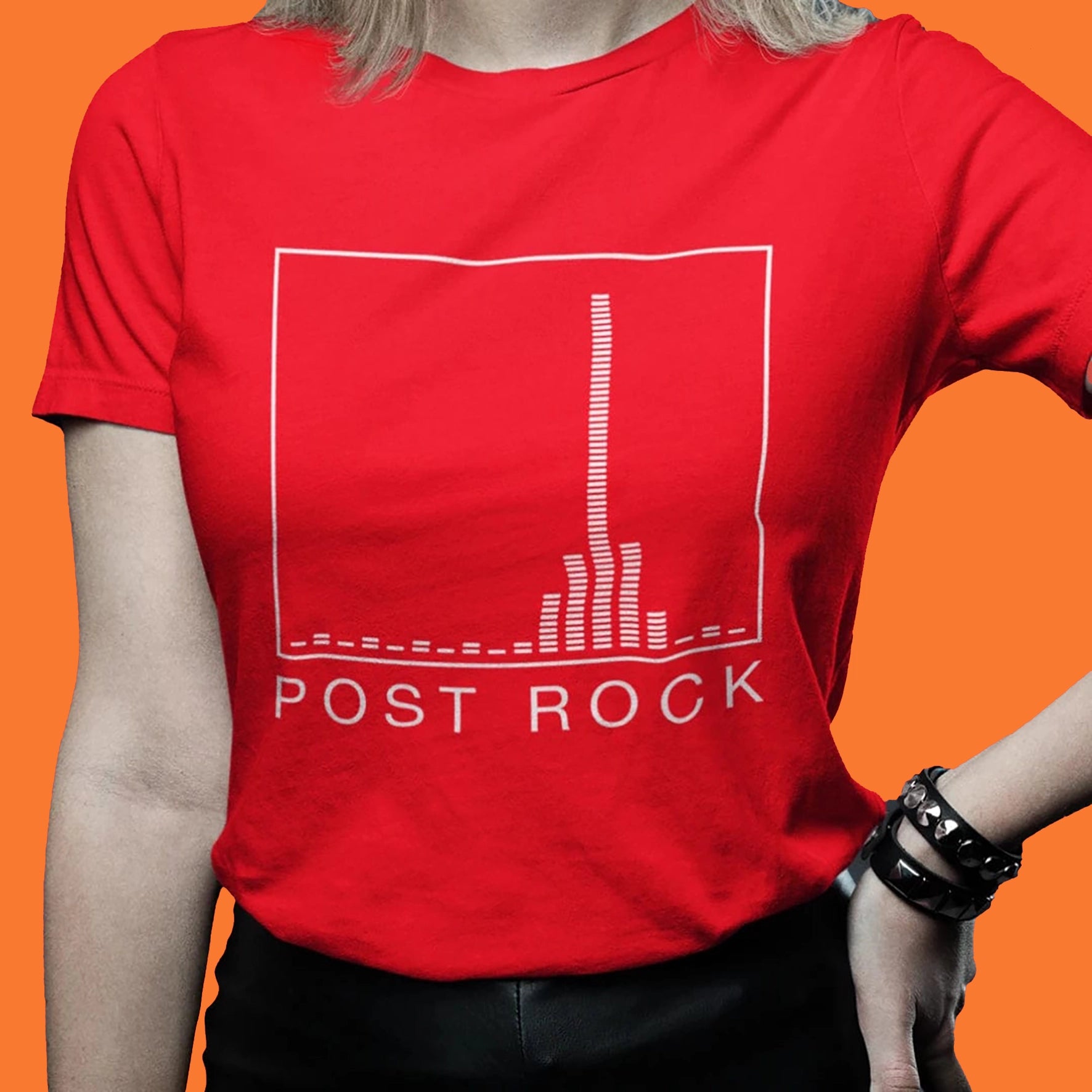 Model-Post-Rock-Frequency-Funny-Artwork-Tee-Womens-Fit-Vairent-On-Red-Tee-Close-Up-Alt-Music-Shirt