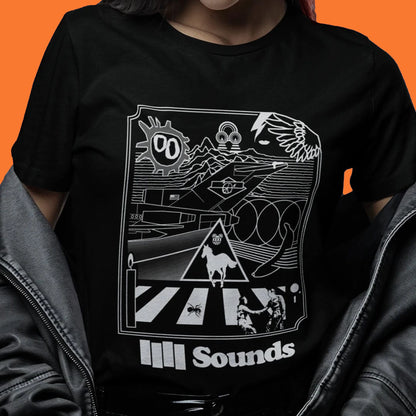 Model-Rebel-Sounds-Album-Artwork-Tee-Womens-Fit-Vairent-On-Black-Tee-Close-Up-Music-Gifts