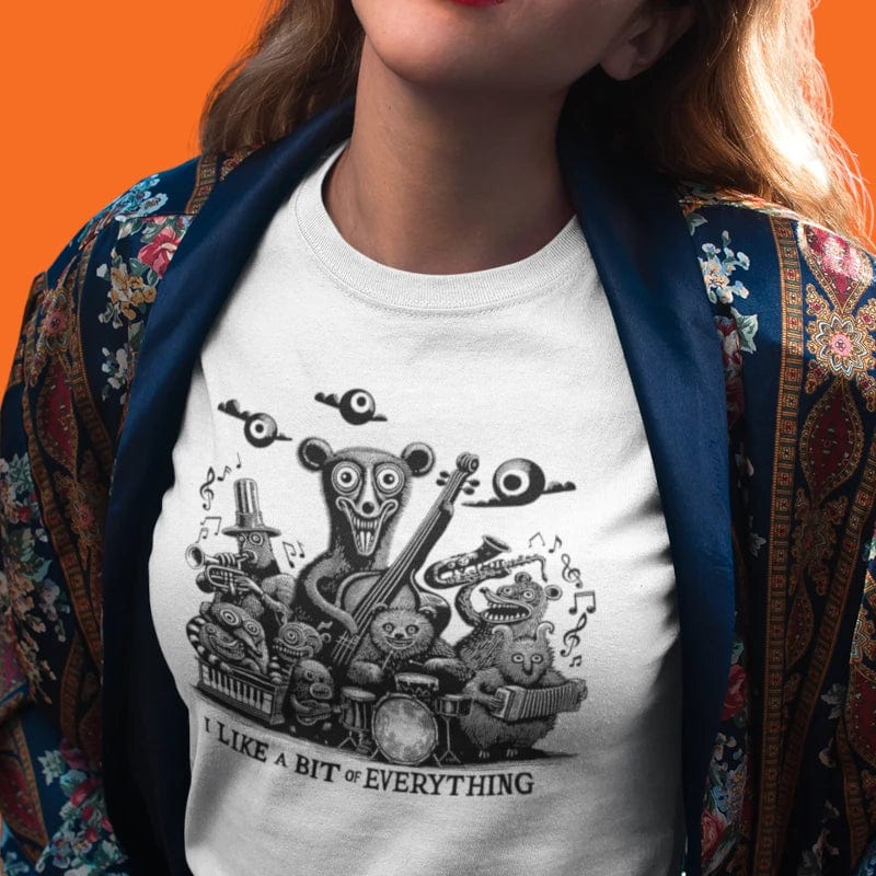 Alternative Music Model Shot - I Like a Bit of Everything Weird Genre Bears Playing Instruments with crazy faces Womens Fit