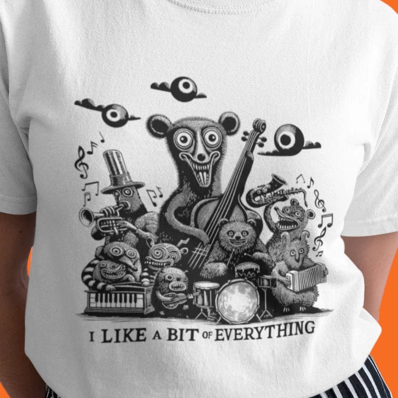 Alternative Music Model Shot - I Like a Bit of Everything Weird Genre Bears Playing Instruments with crazy faces Womens Fit