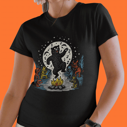 Dancing-Festival-Bear-Tee-Womens-Fit-Vairent-On-Black-Tee-Close-Up-Music-Gifts