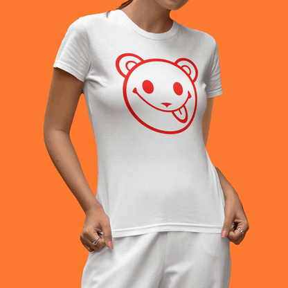 Model-Smiley-Bear-Acid-House-Mock-Festival-Bear-Artwork-Tee-Womens-Fit-Vairent-On-White-Tee-Close-Up-Music-Gifts