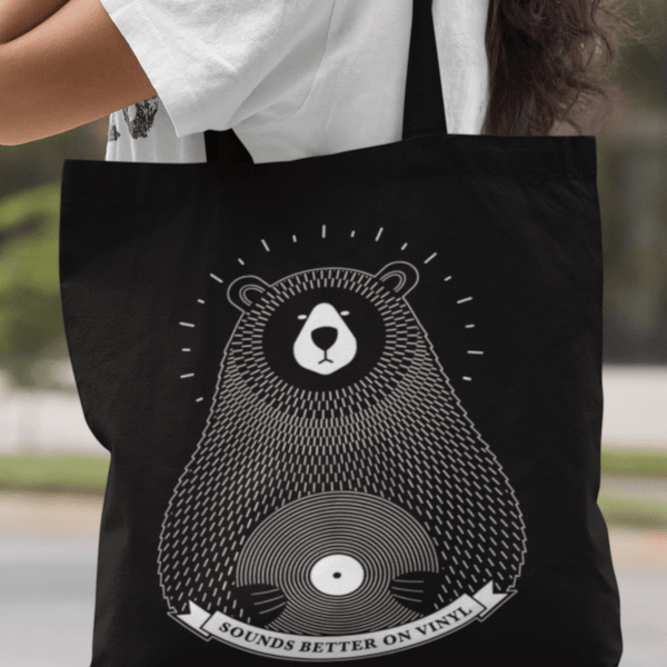 Restless Tees Sounds Better on Vinyl Tote Bag Bear T-Shirt Music Quote T-Shirt